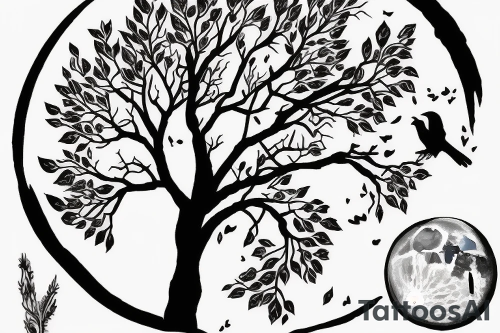 A tree with a crow against the background of the moon tattoo idea
