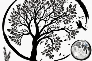 A tree with a crow against the background of the moon tattoo idea