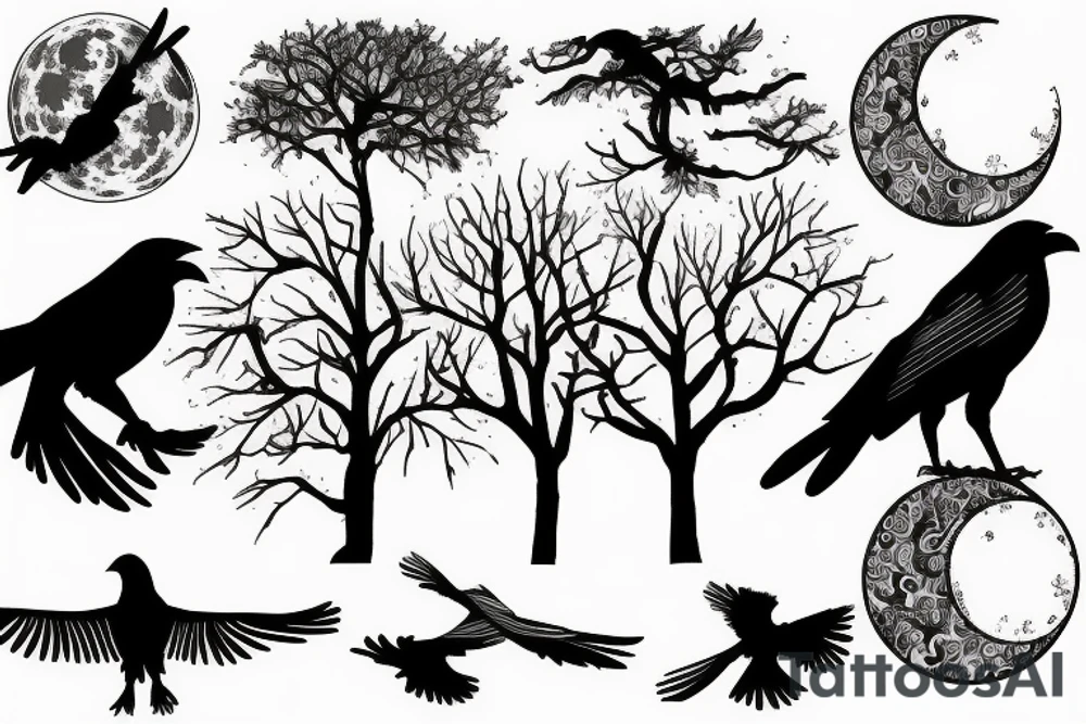 A tree with a crow against the background of the moon tattoo idea
