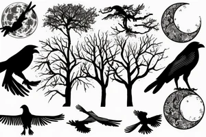 A tree with a crow against the background of the moon tattoo idea