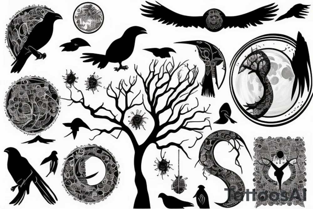 A tree with a crow against the background of the moon tattoo idea