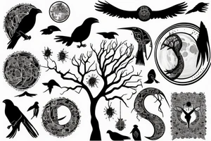 A tree with a crow against the background of the moon tattoo idea