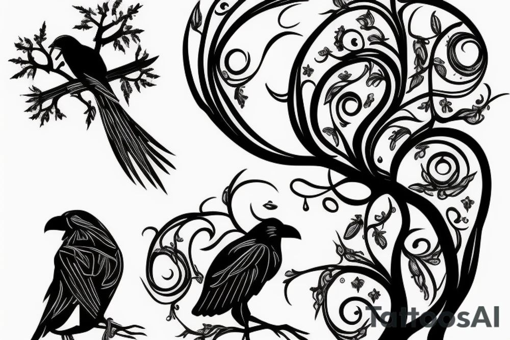 A tree with a crow against the background of the moon tattoo idea