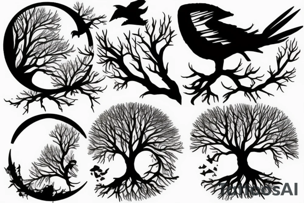 A tree with a crow against the background of the moon tattoo idea