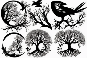 A tree with a crow against the background of the moon tattoo idea