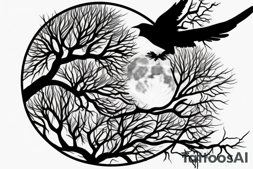 A tree with a crow against the background of the moon tattoo idea