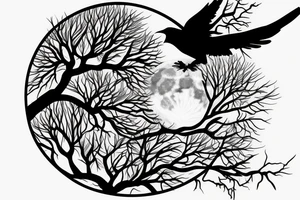 A tree with a crow against the background of the moon tattoo idea