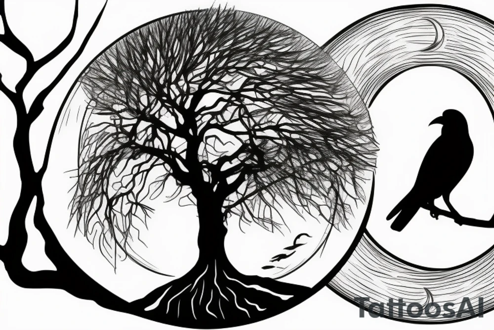 A tree with a crow against the background of the moon tattoo idea