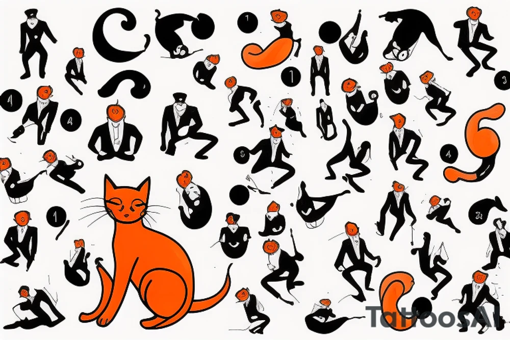 An orange cat wearing a tuxedo and performing a dance move tattoo idea