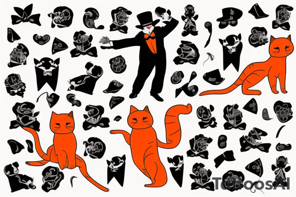 An orange cat wearing a tuxedo and performing a dance move tattoo idea