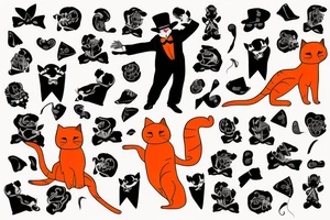 An orange cat wearing a tuxedo and performing a dance move tattoo idea