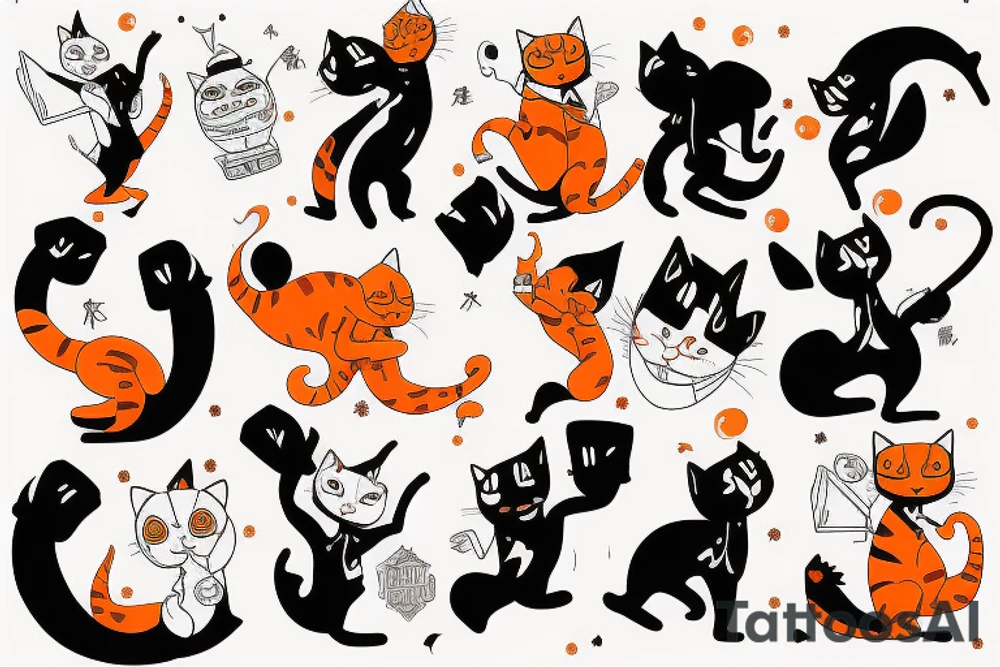 An orange cat wearing a tuxedo and performing a dance move tattoo idea