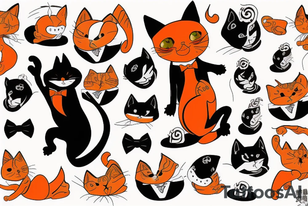 An orange cat wearing a tuxedo and performing a dance move tattoo idea