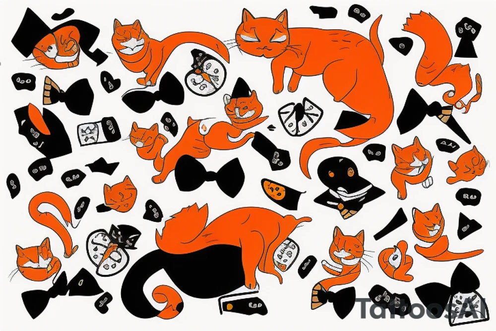 An orange cat wearing a tuxedo and performing a dance move tattoo idea