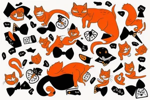 An orange cat wearing a tuxedo and performing a dance move tattoo idea