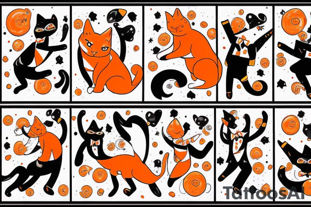 An orange cat wearing a tuxedo and performing a dance move tattoo idea