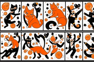 An orange cat wearing a tuxedo and performing a dance move tattoo idea