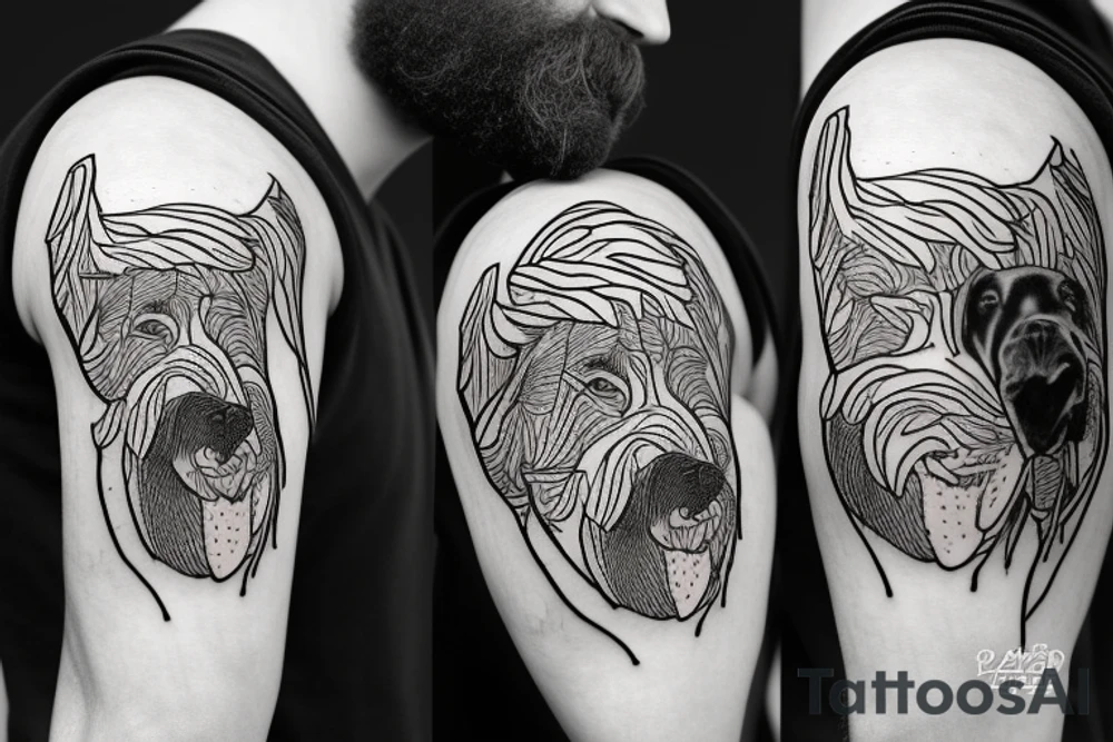 A bearded man smoking weed and playing the guitar, with a black labrador near him. tattoo idea