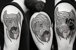 A bearded man smoking weed and playing the guitar, with a black labrador near him. tattoo idea