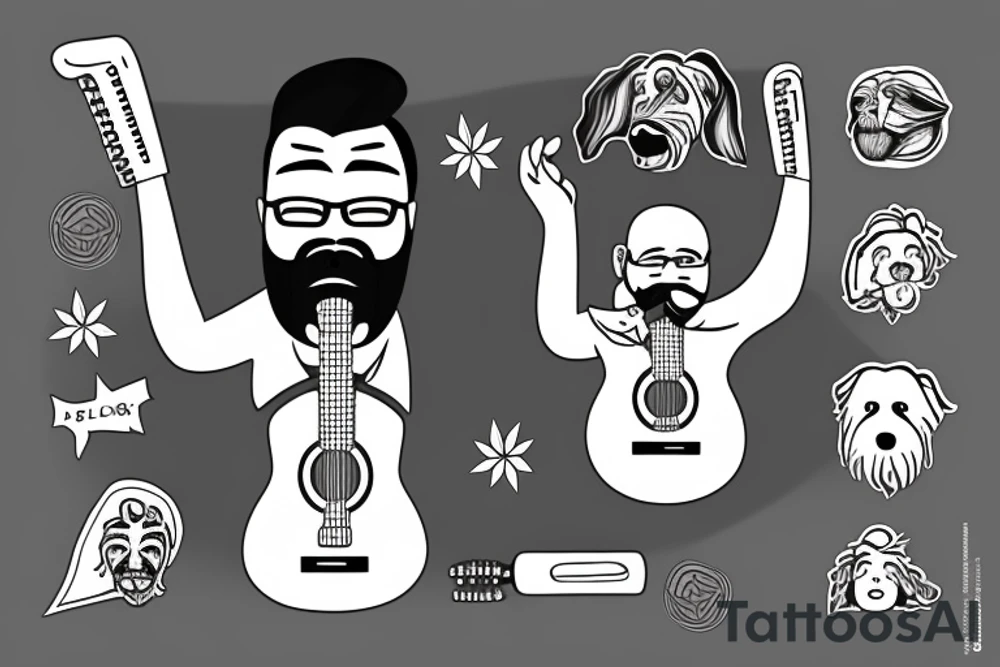 A bearded man smoking weed and playing the guitar, with a black labrador near him. tattoo idea