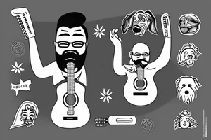 A bearded man smoking weed and playing the guitar, with a black labrador near him. tattoo idea