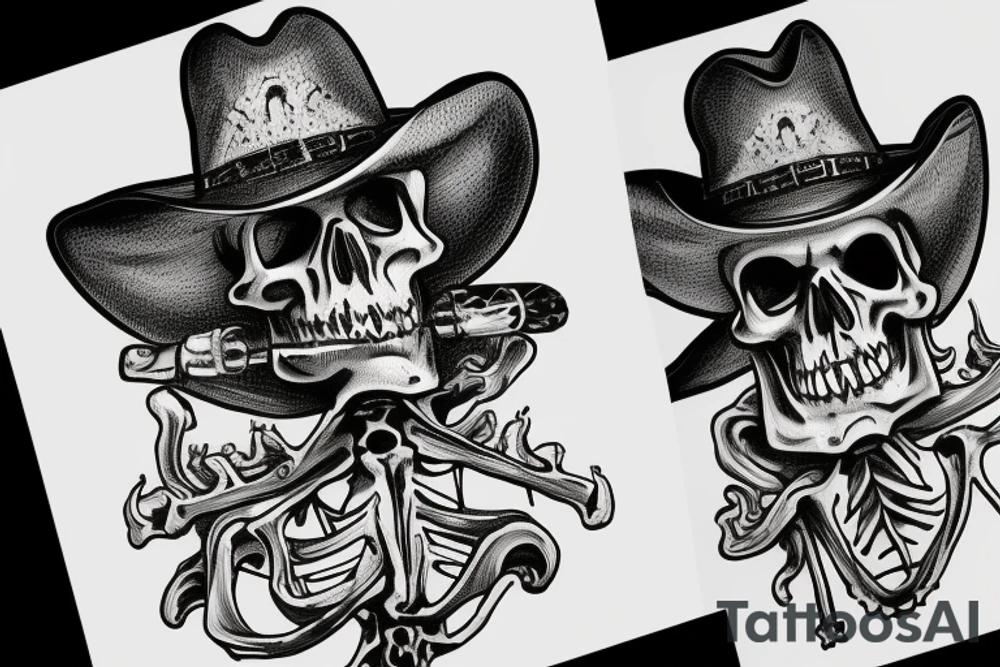 A side profile of a human skeleton skull wearing a cowboy hat on its head, a bandana around its eyes, and a smoking joint between its teeth tattoo idea