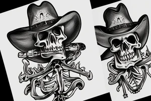A side profile of a human skeleton skull wearing a cowboy hat on its head, a bandana around its eyes, and a smoking joint between its teeth tattoo idea