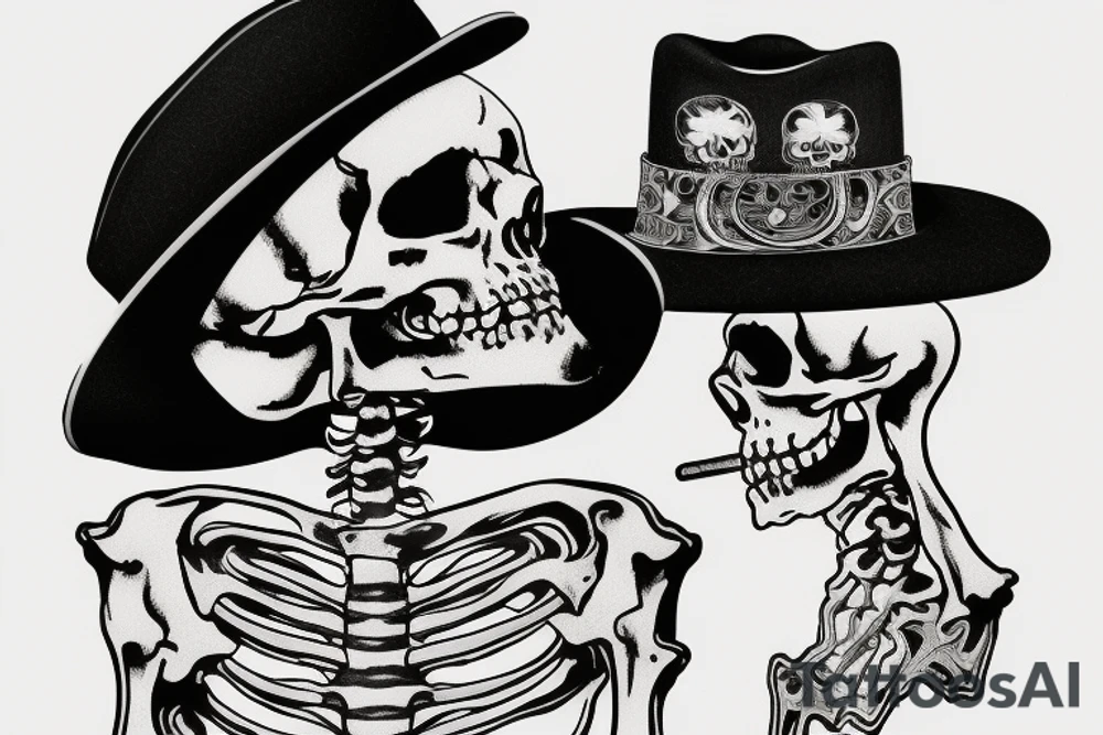 A side profile of a human skeleton skull wearing a cowboy hat on its head, a bandana around its eyes, and a smoking joint between its teeth tattoo idea