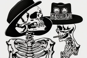 A side profile of a human skeleton skull wearing a cowboy hat on its head, a bandana around its eyes, and a smoking joint between its teeth tattoo idea