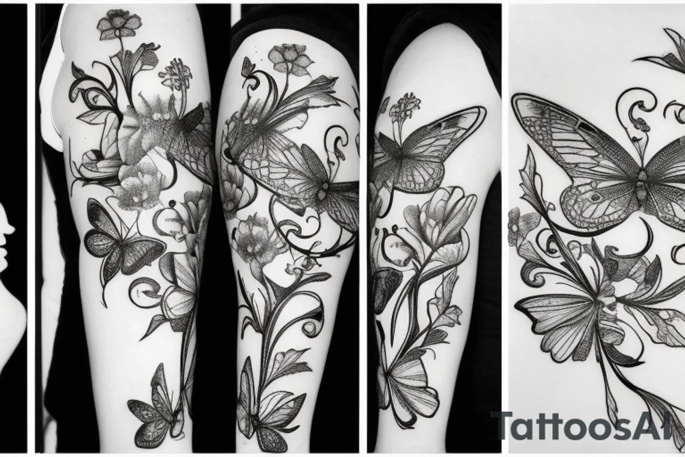 flowers with a butterfly and dragon fly tattoo idea