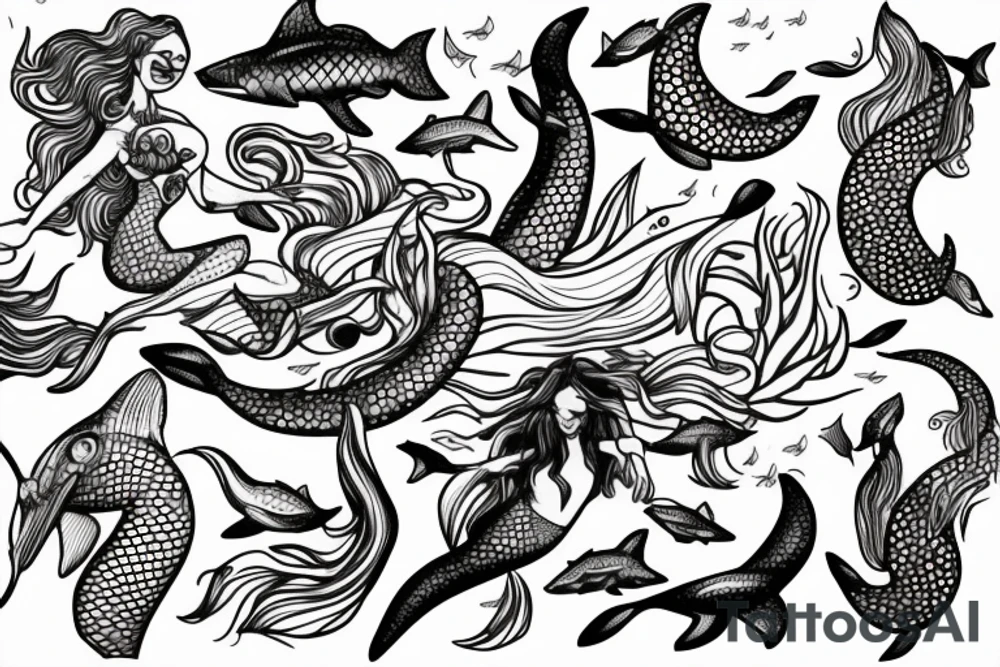 Mermaids with sharks, fish and water snakes. 
Flowers and a sail boat tattoo idea