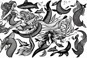 Mermaids with sharks, fish and water snakes. 
Flowers and a sail boat tattoo idea
