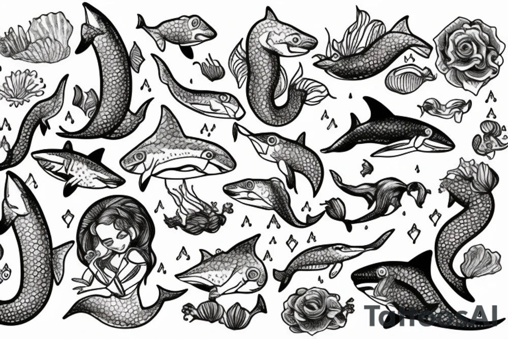 Mermaids with sharks, fish and water snakes. 
Flowers and a sail boat tattoo idea