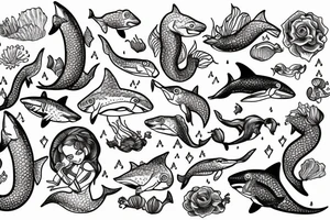 Mermaids with sharks, fish and water snakes. 
Flowers and a sail boat tattoo idea