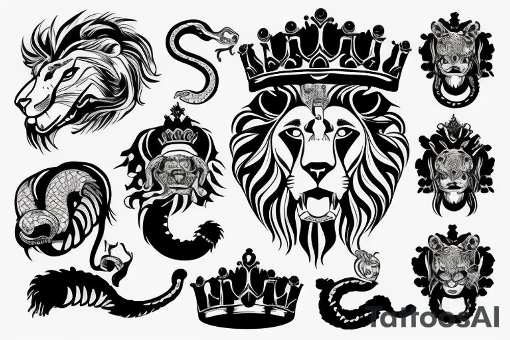 crown on a Lion head with a snake in its mouth tattoo idea
