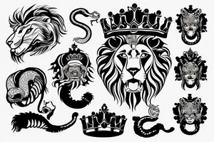 crown on a Lion head with a snake in its mouth tattoo idea