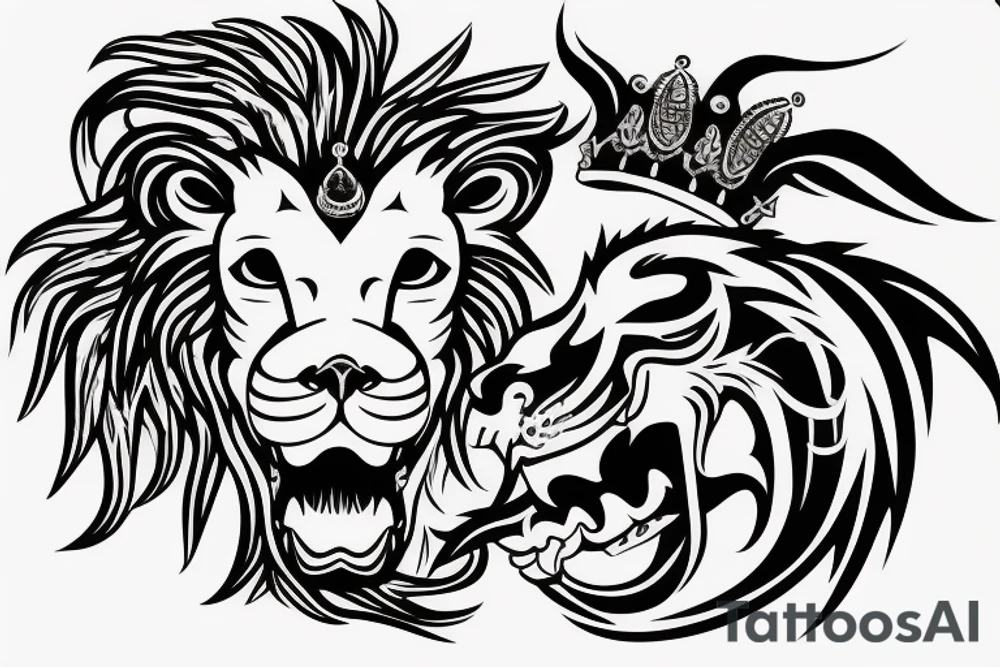 crown on a Lion head with a snake in its mouth tattoo idea
