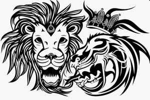crown on a Lion head with a snake in its mouth tattoo idea