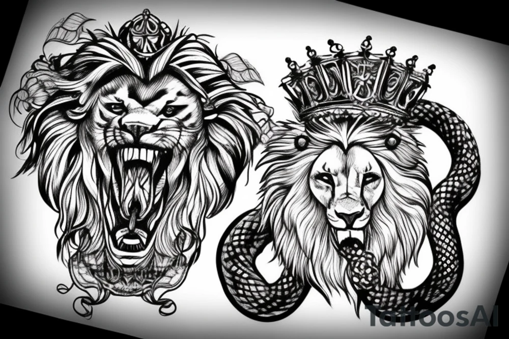 crown on a Lion head with a snake in its mouth tattoo idea