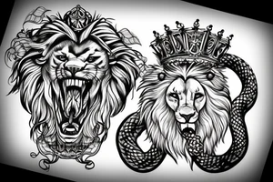 crown on a Lion head with a snake in its mouth tattoo idea