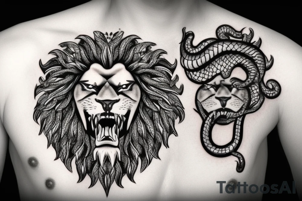crown on a Lion head with a snake in its mouth tattoo idea