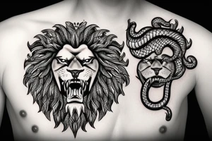 crown on a Lion head with a snake in its mouth tattoo idea
