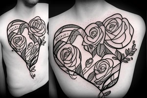 heart with ribbon that has the name jena and blabbed wire and roses broken glass behind tattoo idea