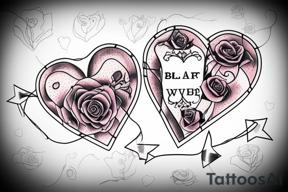 heart with ribbon that has the name jena and blabbed wire and roses broken glass behind tattoo idea