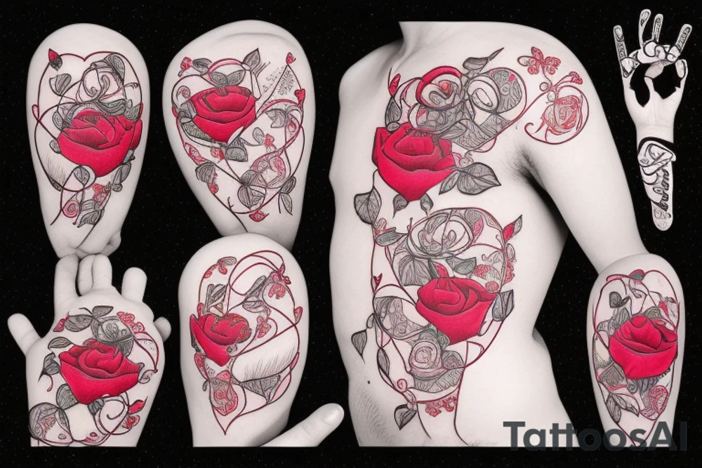 heart with ribbon that has the name jena and blabbed wire and roses tattoo idea
