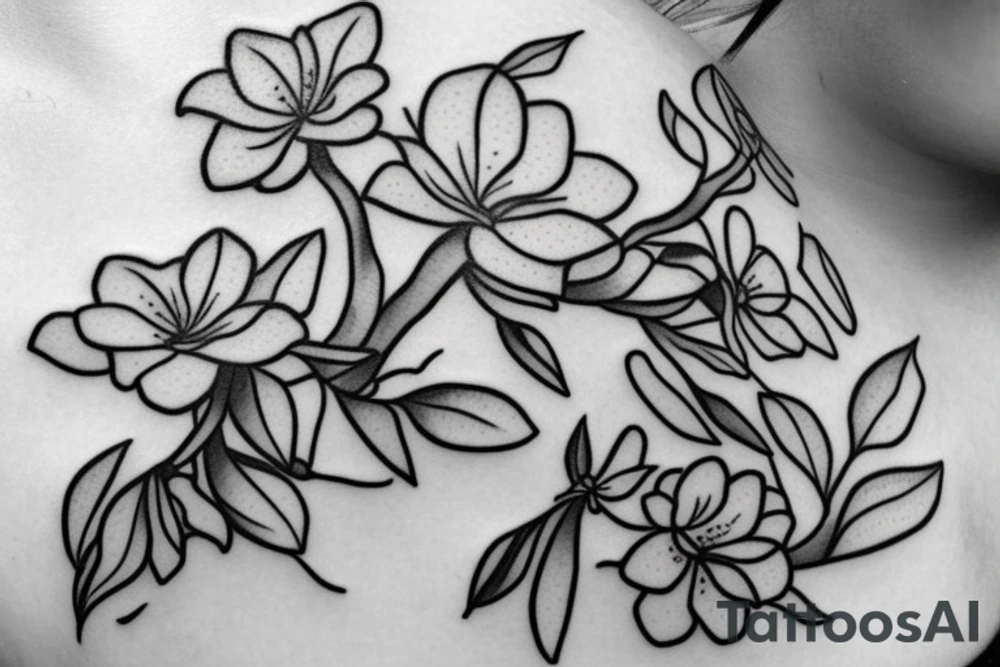 Realistic Arabian jasmine flower with uneven petals and  few leaves tattoo idea