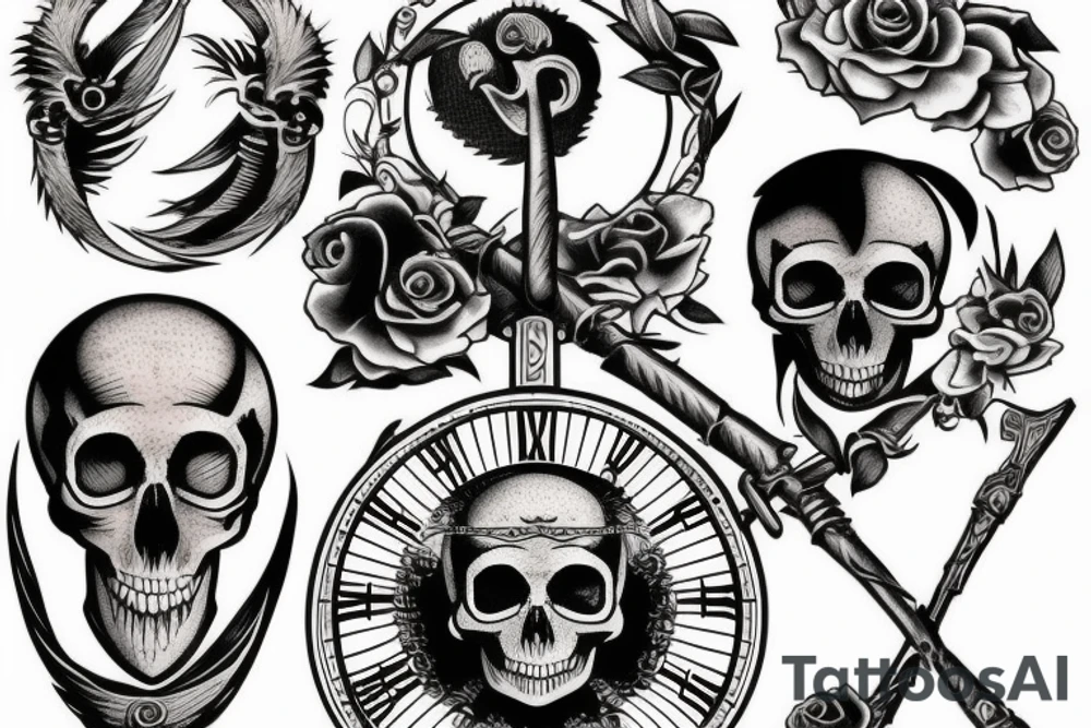 A scythe with a skull on top has the inscription tempus fugut, memento mori tattoo idea