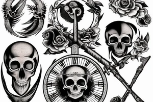 A scythe with a skull on top has the inscription tempus fugut, memento mori tattoo idea