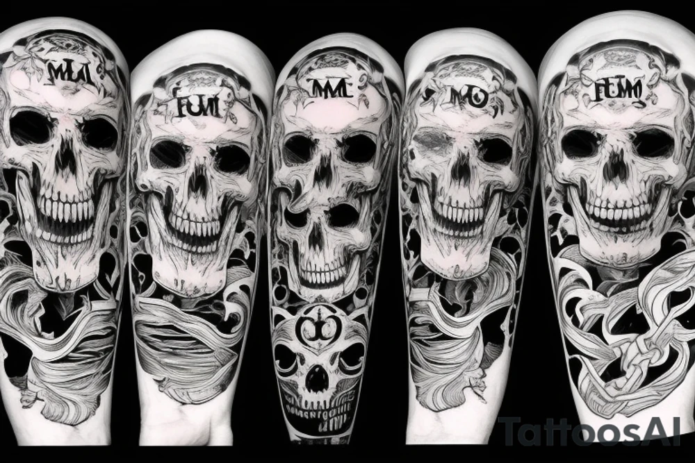 A scythe with a skull on top has the inscription tempus fugut, memento mori tattoo idea