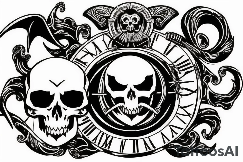 A scythe with a skull on top has the inscription tempus fugut, memento mori tattoo idea